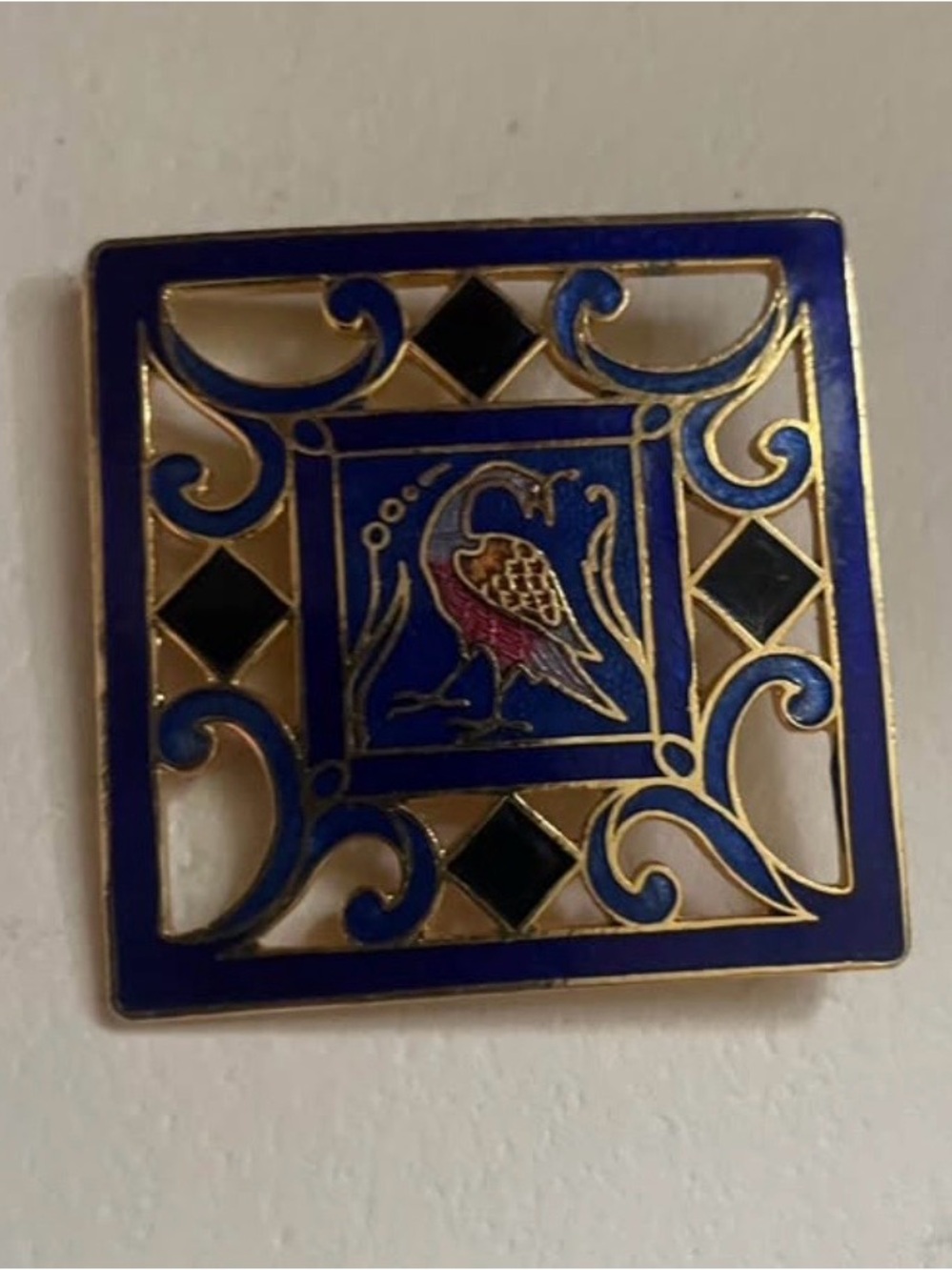 Vintage enamel cloisonné square brooch featuring a bird design